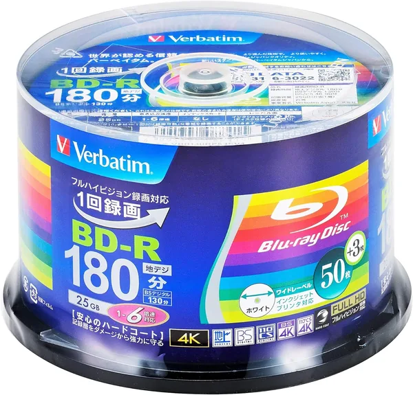 Verbatim Verbatim 1-Time Recording Blu-ray Disc BD-R 25GB 50+3 Extra Pack Inkjet Printer Compatible White Single Sided 1-Layer 1-6x Speed