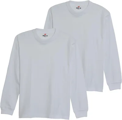 ハネス ビーフィー・T H5186-2 メンズ 長袖Tシャツ 2枚セット、100%コットン、厚手生地、Solidカラー、丸首、タグレスデザイン