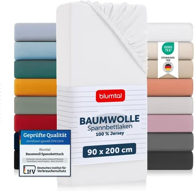 Blumtal Basics Jersey Fitted Sheet 90 x 200 cm - Oeko-Tex zertifiziert, 100% Baumwolle, bis zu 25 cm Matratzenhöhe, Weiß (48% Rabatt)