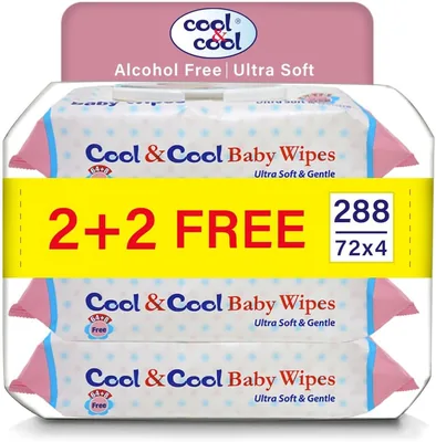 Cool & Cool Baby Wipes 72’s 2+2 Free - Alcohol & Paraben Free, Vitamin E & Aloe Vera