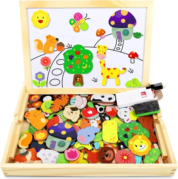 Jojoin 110 Pieces Magnetic Wooden Puzzle - Chalkboard Animals Toy for Children