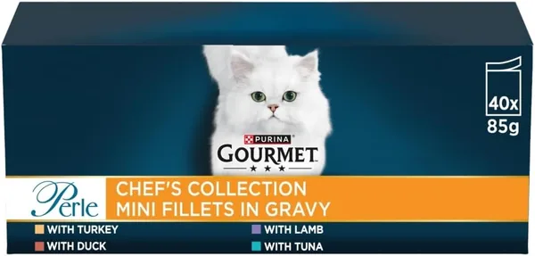 GOURMET Perle Chef's Collection Adult Wet Cat Food Mini Fillets in Gravy Variety Turkey, Tuna, Duck, Lamb