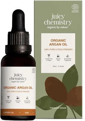 जूसी केमिस्ट्री 100% प्रकृतिक और प्रमाणित जैविक अर्गन तेल, 30ml | ठंडा दबाया गया और चिकित्सकीय गुणवत्ता