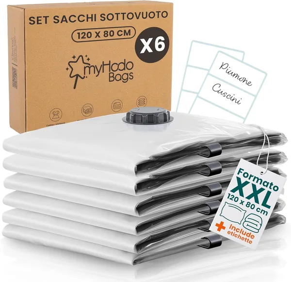 myHodo XXL Vacuum Bags (6 Pieces, 80 x 120 cm) - Extra Large Reusable Space Saver Bags for Duvets, Blankets, Clothes and Bulky Fabrics, Durable Bags with Double Airtight Closure