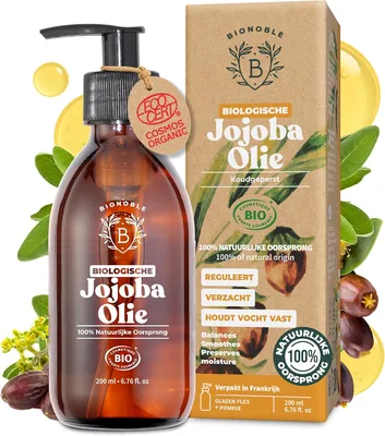 BIONOBLE Organische Jojoba Olie Koudgeperst 100% Zuiver - Reguleert Sebum, Zacht, Anti-Acne - Haarolie, Gezicht, Lichaam - Vegan Jojob