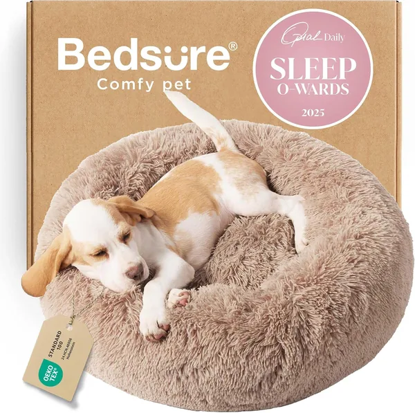 Bedsure Calming Dog Bed - Donut Shape, Washable, Fluffy Plush Faux Fur, 23 inches