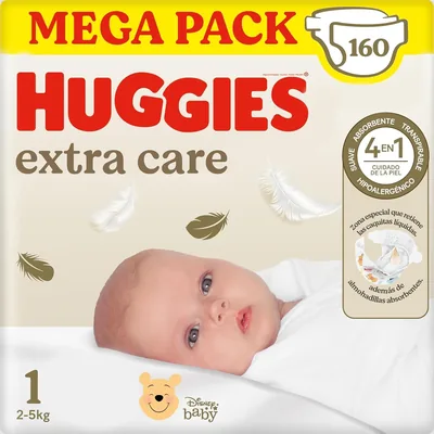 Huggies Extra Care Newborn Pañales con Diseños de Disney Talla 1 (2-5 kg) 160 Pañales con Almohadillas Suaves y 2 Zonas Absorbentes - 21% Descuento