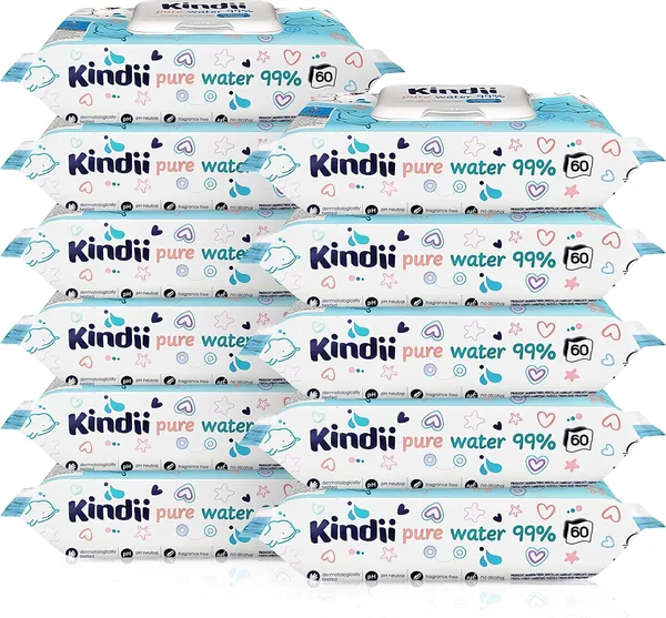Kindii Baby Wipes - 12 Pakietów po 720 Wipe'ów - Hipoalergiczne Wchłaniacze - Bezalkoholowe i Bezzapachowe Wchłaniacze dla Dzieci