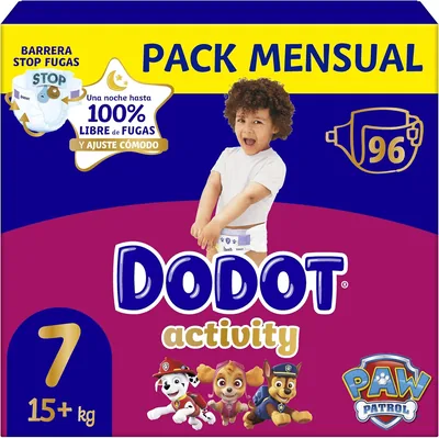 Dodot Actividad Talla 7, 96 Pañales para Bebé, 15kg+, Protección Antifugas y Ajuste de Hasta 12 Horas