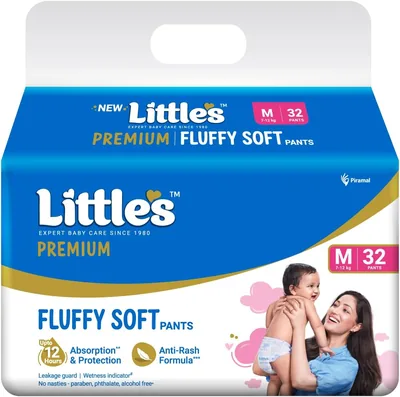 Little's Premium बेबी डाइपर एम साइज (मध्यम) पैंट शैली | 7-12 किलोग्राम | 32 गिनती - पैक ऑफ 1 | फ़्लफ़ीसॉफ्ट बेबी डाइपर व लीक