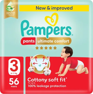 Pampers Ultimate Comfort Pants Diapers, Size 3, 6-11kg, Aloe Vera & Vitamin E Lotion, Cottony Soft
