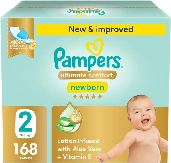 Pampers Ultimate Comfort Taped Diapers Size 2 3-8kg Lotion infused with Aloe Vera and Vitamin E x168