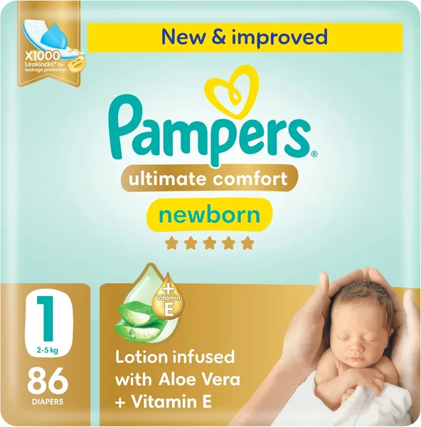 Pampers Ultimate Comfort Taped Diapers Size 1 Aloe Vera Vitamin E Mega Pack 86 Count