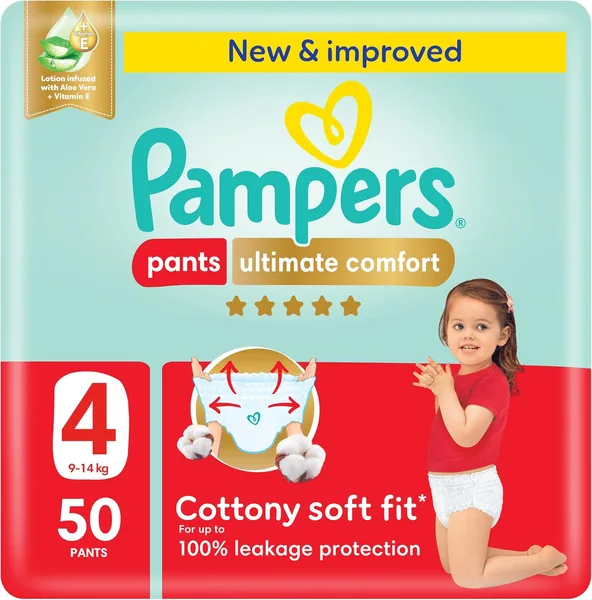 Pampers Ultimate Comfort Pants Diapers, Size 4, 9-14kg, Lotion infused with Aloe Vera and Vitamin E