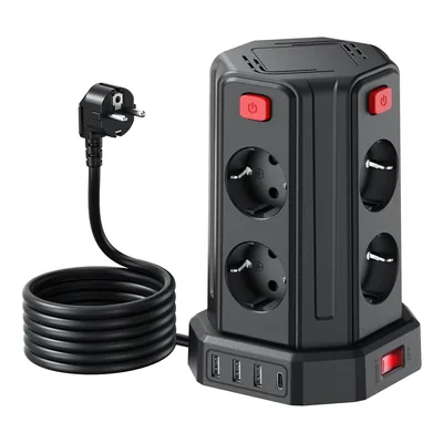 Extensiones de corriente Tower con cable de 3M, 8 tomas AC y 4 USB, 2500W/10A, vertical con interruptor para mesa, Oferta