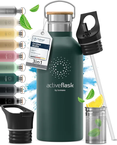 ACTIVE FLASK + Strokanal (3 Drinkkapjes) - 1 Liter/50, Roestvrij Staal Thermosfles, BPA-vrij en Lekdicht | 15% Korting