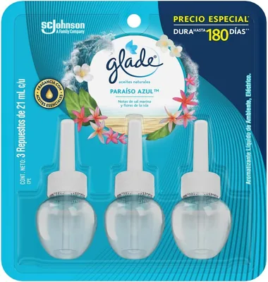 Glade Aromatizante para Hogar Eléctrico Paraíso Azul, 3 Repuestos de 21 ml