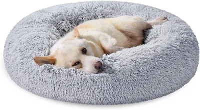 Lit pour chat et chien Feandrea Douceur, Forme de Donut, Lavable, Remplissage Central Amovible, Long Plush, Diamètre 80 cm, Ombre Gris