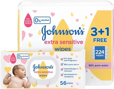 Johnson's Baby Wipes 98% Pure Water, Hypoallergenic, 224ct - Save 36%