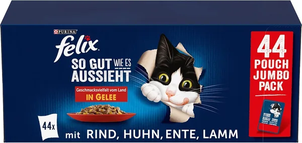 FELIX As good as it looks, cat food wet in jelly, varieties mix, large pack of 44 (44 x 85 g)