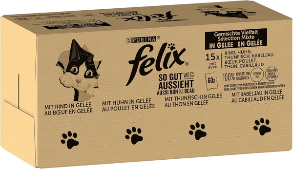 FELIX Selection Mélangée | Viande Bœuf, Poulet, Thon, Cabillaud | Nourriture Humide pour Chat en Gelée | Pack de 1 x (120 x 85g)
