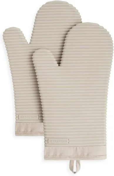 KITCHENAID Ribbed Soft Silicone Oven Mitt 2-Pack Set, 7.5" x 13", Milkshake