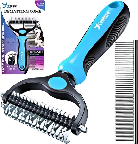Candure Dog Comb and Brush Cats Removes Short Dead Hair for Pets Stainless Steel 17+9 Teeth Grooming Brushes and Detangles Knots