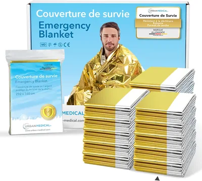 Gigoteuse de survie URBAN MEDICAL Premium - 5 pièces Or/Argent - Protection contre le froid et la chaleur - Grandes couvertures de premiers soins pour randonnée