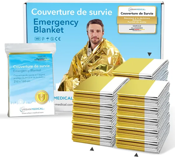 Matelas de survie URBAN MEDICAL Premium - 15 pièces Or/Argent - Protection contre le froid et la chaleur - Grandes couvertures de premiers soins pour randonnée