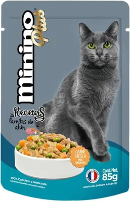 Minino Plus Recetas, Comida Húmeda Sabor Carnitas de Atún, 85 g, Gris, Paquete con 24 Piezas