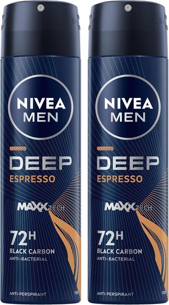 NIVEA MEN Antiperspirant Spray for Men, 72h Protection, DEEP Black Carbon Antibacterial, Espresso Scent, 2x150ml