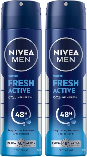 NIVEA MEN Antibacterial Deodorant Spray for Men, Fresh Active, 48H Active Protection, with Infini Fresh Formula, Long-Lasting Freshness, 2x150ml, Dual Pack