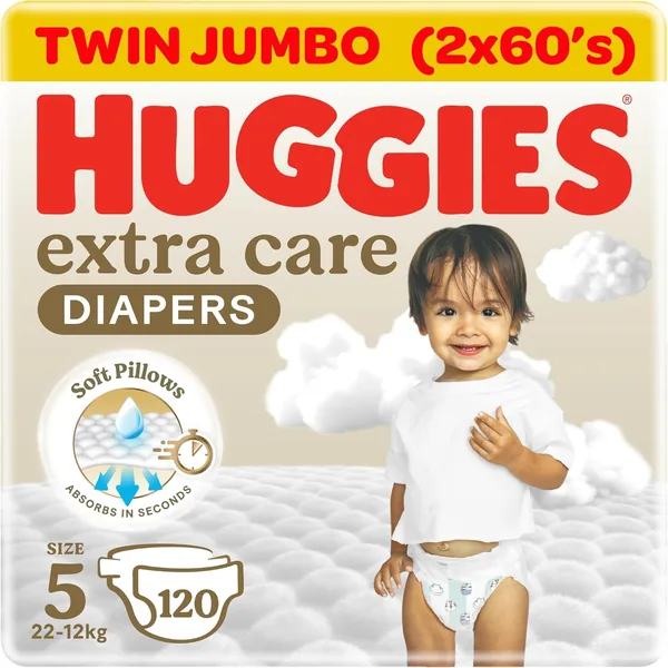 Huggies Extra Care Baby Diapers, Size 5 (12-22 kg), Twin Jumbo Pack, 120 Diapers