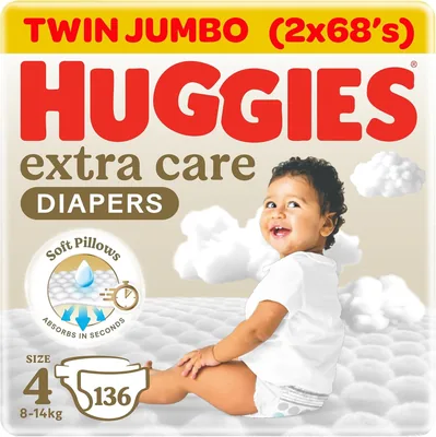 Huggies Extra Care Size 4 Diapers, Twin Jumbo Pack (8-14kg) - Best Deal