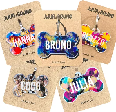 Placa de Identificación para Perro Julia y Bruno, Personalizada con Nombre y Teléfono - Varios Colores