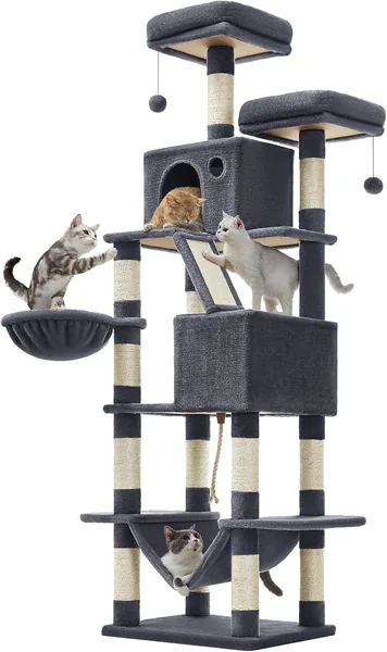 Feandrea Grand Post à Gratter 206 cm - Arbre à Chat XXL avec 13 Posts à Gratter, 2 Plateformes, 2 Cavernes, Panier, Hamac +