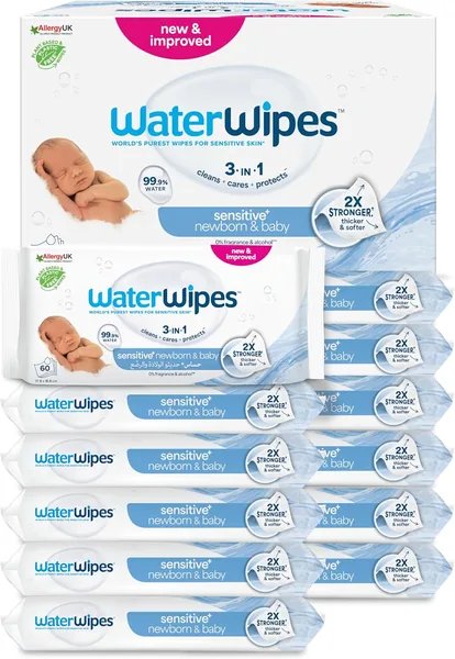 WaterWipes Sensitive+ Newborn & Baby Wipes 720 Wipes (12 Packs) 3-in-1 Cleaning Care Protection
