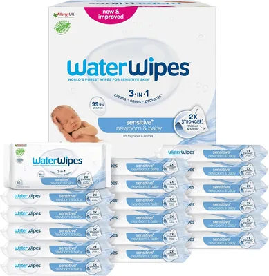 WaterWipes Sensitive+ - Chusteczki dla noworodków i niemowląt, 1080 sztuk (opakowanie 18), delikatne, Best Deal
