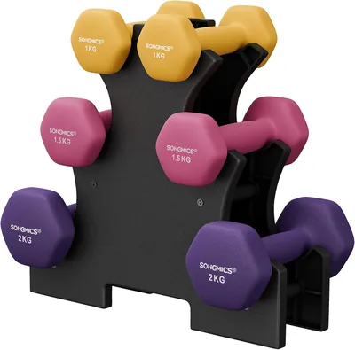 SONGMICS Juego de 3 Mancuernas con Soporte, 9/12 kg Antideslizantes para Ejercicio - 31% Off