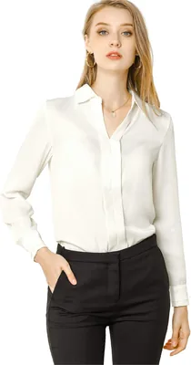 Allegra K Women's Satin Blouse Elegant V Neck Long Sleeve Dressy Shirt