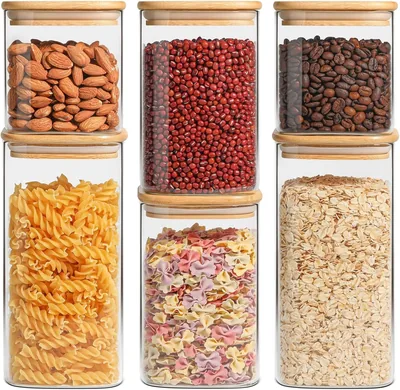 ComSaf Airtight Glass Storage Canister with Bamboo Lid 650/1100/1500ml Set of 6, Clear Food Storage 