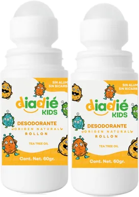 DIADIE Kids| Desodorante Natural para Niños| Rollon| Sin Aluminio| Elimina Mal Olor | 60 g | 2 Piezas - 25% de Descuento