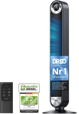 DREO Turmventilator für Schlafzimmer, DC-Bodenventilator mit 9 Geschwindigkeiten, 25 dB Ultra-Leise, 90° Schwingung, bis zu 8.5 m/s Luftstrom, 12h Timer