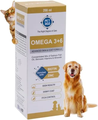 PET360 ओमेगा 3+6 सैल्मन फिश ऑयल कंसेंट्रेट के लिए कुत्तों और बिल्लियों के साथ विटामिन और खनिज - चमकदार कोट, खुजली और एलर्जी नियंत्रण | 8% ऑफ
