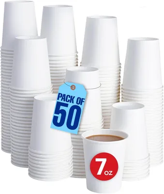 MARKQ [50 Cups] 7oz White Paper Cups - 4oz-16oz Disposable for Coffee/Tea/Water