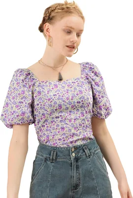 Allegra K Women's Puff Sleeve Floral Blouse Best Deal