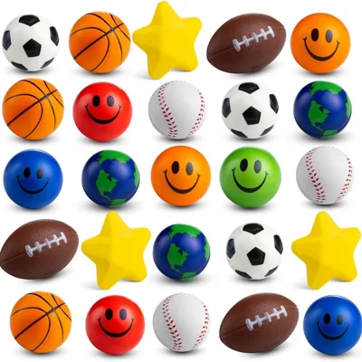 Minipressbollar för barn (25 pack) 2-3 inch mjuk, knappa fidget spelbollar, olika formar och färger, för festen eller skol