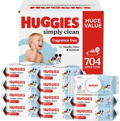 Huggies Simply Clean Unscented Baby Wipes, 11 Flip Lid Packs (704 Wipes Total)