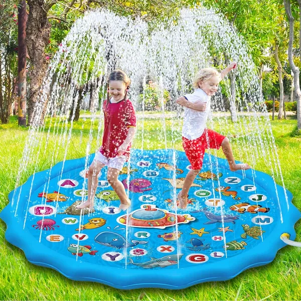 Paochocky 170cm Water Jet Mat voor Kinderen, Splash Sprenkel Speelmat, Buitenactiviteiten, Zomer Zwemfeest, voor Jongens en Meisjes
