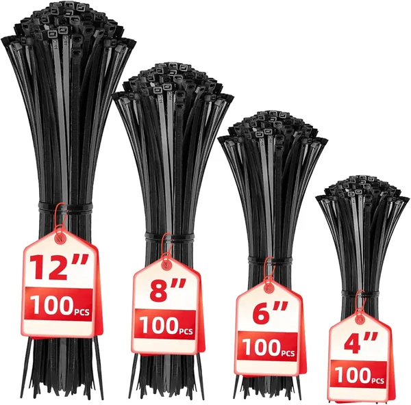 Cable Zip Ties,400 Pack Black Assorted Sizes 12+8+6+4 Inch